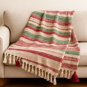 Max Studio Home Woven Throw Blanket Red Green Cream Metallic Fringe Tassels